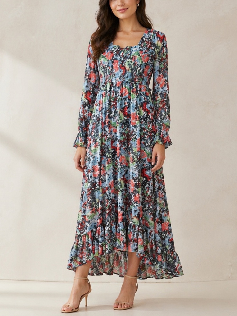 Cinq A Sept Dress Womens 8 Leigh Maxi Floral Smocked Chiffon Long Sleeve Prairie